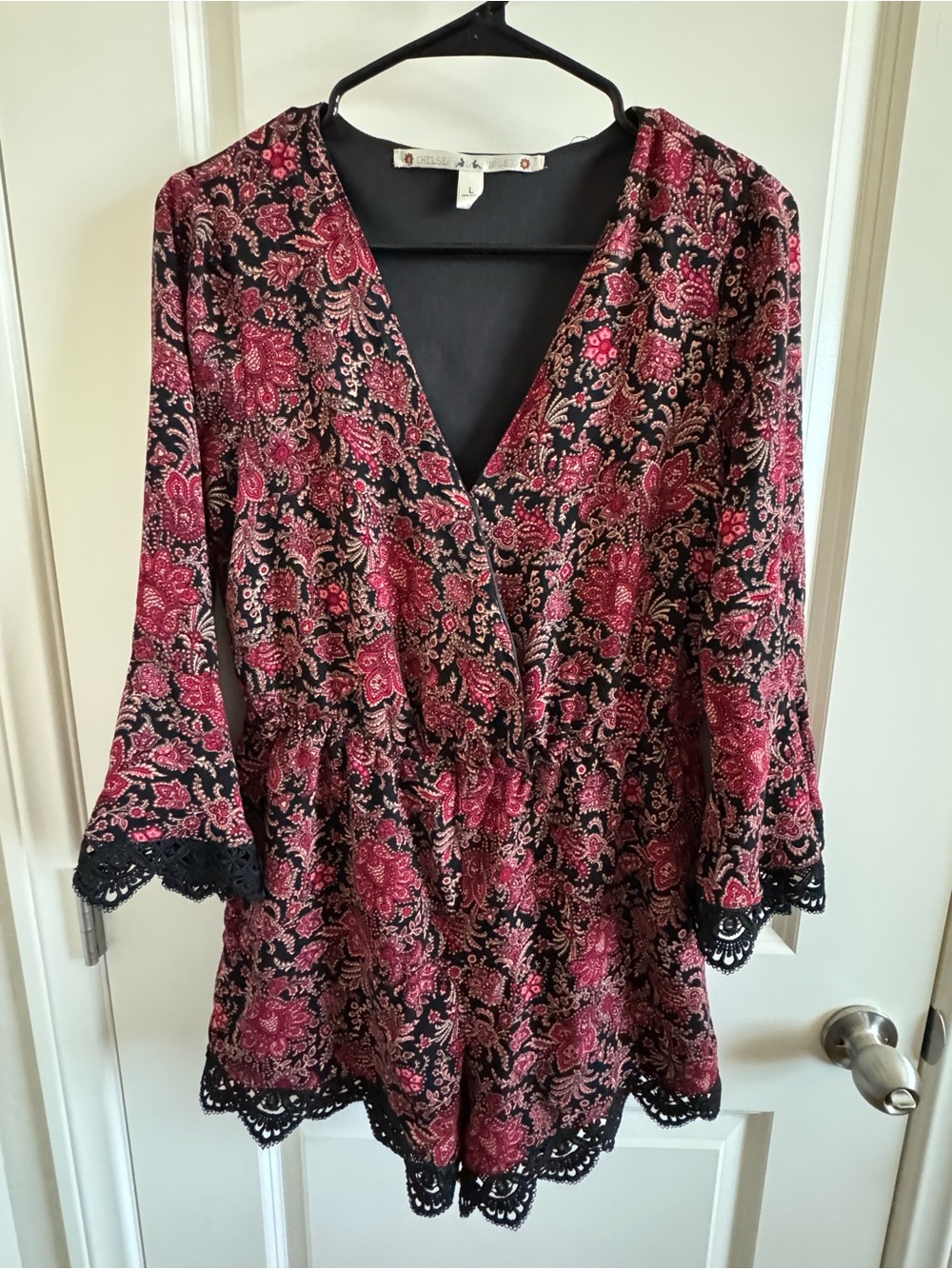 Chelsea & Violet Black and Red Floral Lace-Trim Romper